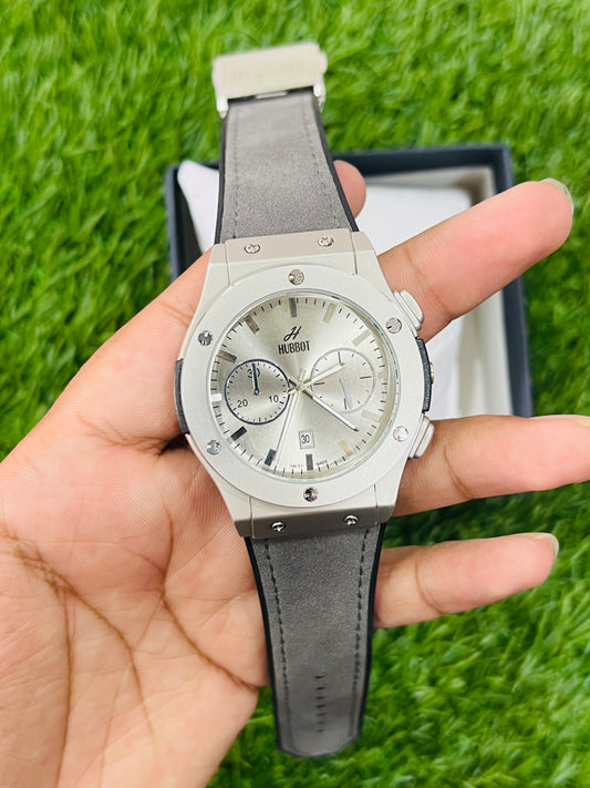 HUBBOT Luxury Chronograph Men’s Watch – Premium Silver Dial with Black Leather Strap