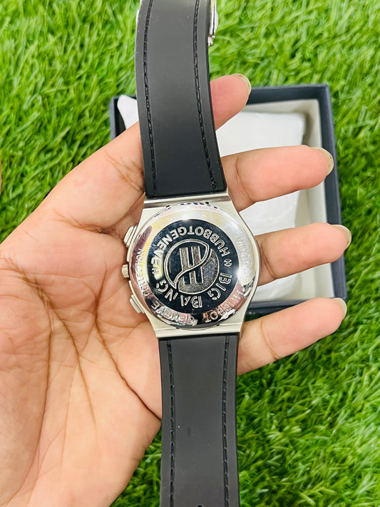 HUBBOT Luxury Chronograph Men’s Watch – Premium Silver Dial with Black Leather Strap
